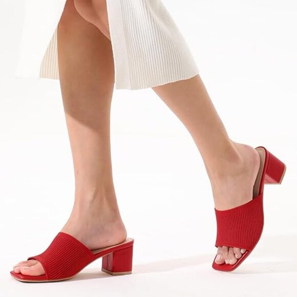 Womens Size 6 Heeled Sandals Square Open Toe Heeled Mules Chunky Block RED - Picture 3 of 13